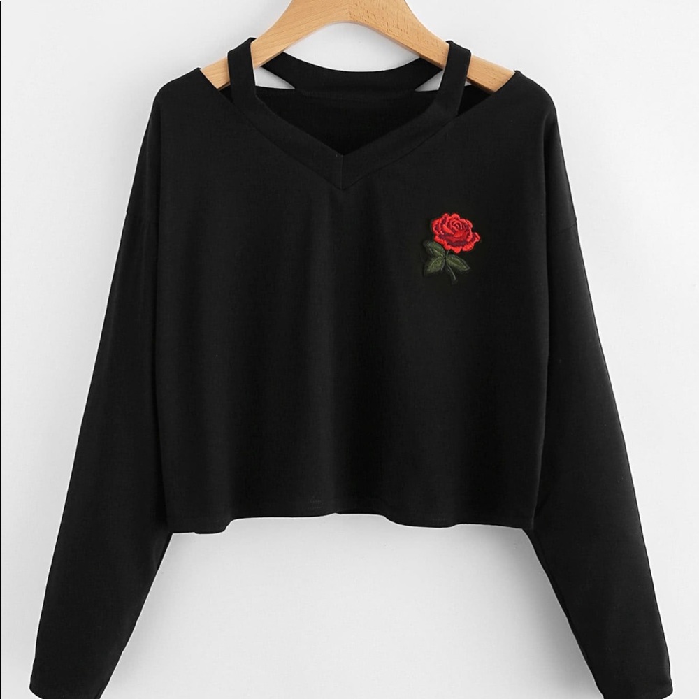 Black crop top with rose detail